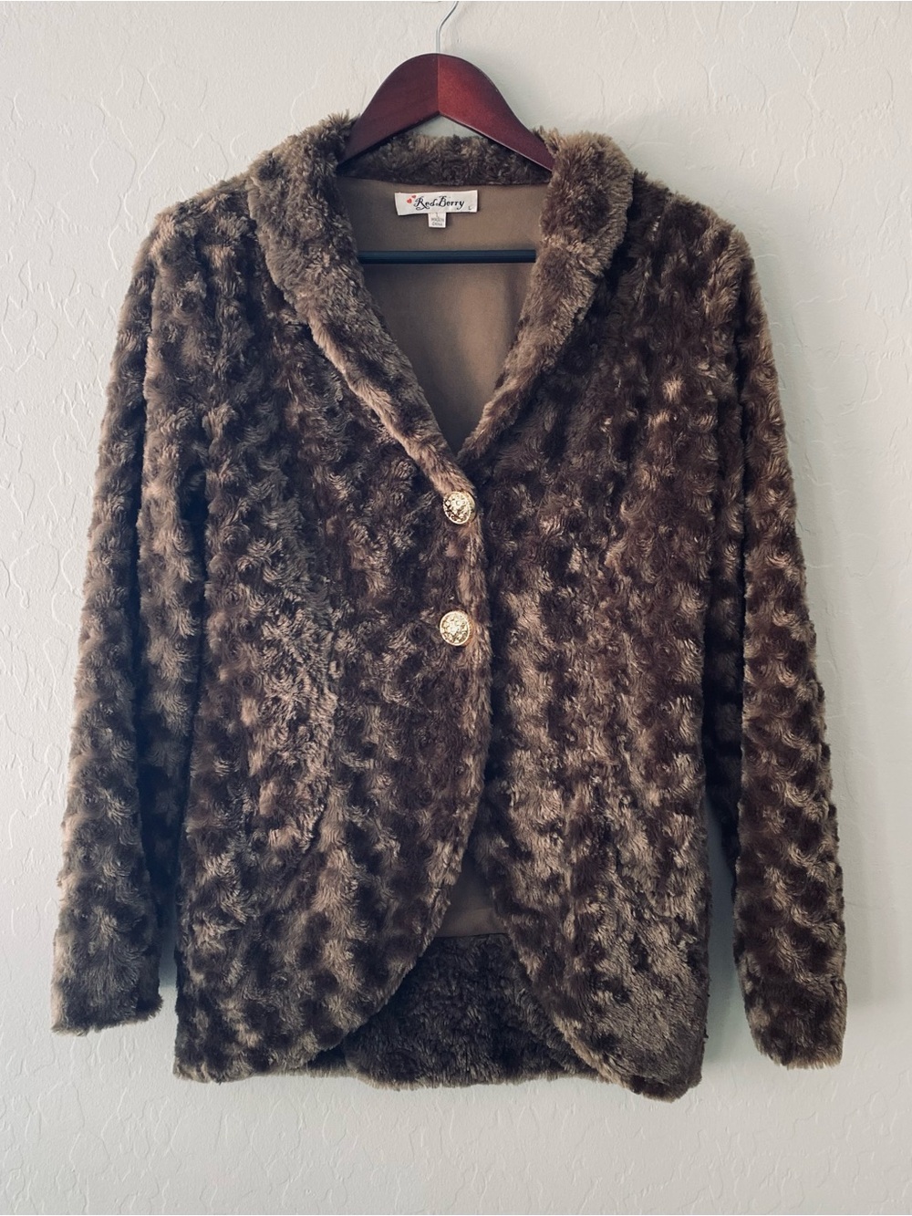 Red Berry Brown Faux Fur Jacket Coat Large Gold Embellished Buttons Lined L